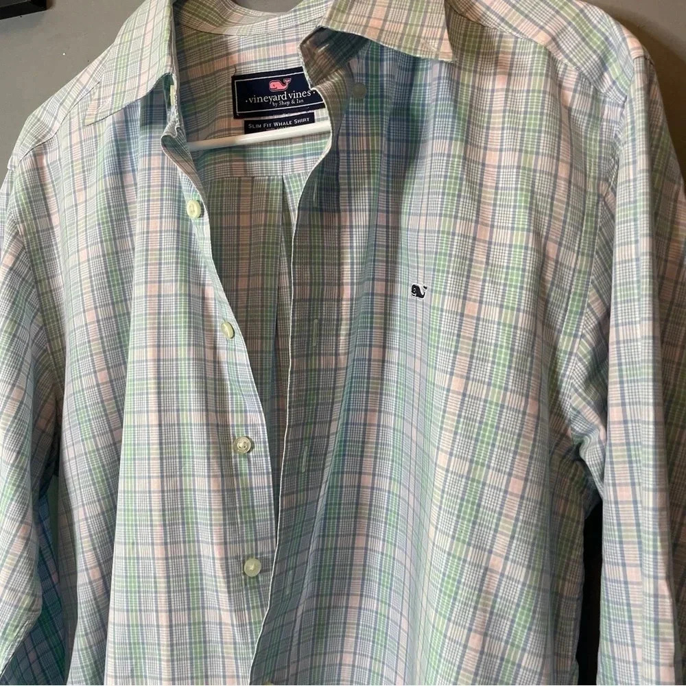 Vineyard Vines Men's Slim Fit Whale Shirt Blue/Green Check Long Sleeve medium - Picture 2 of 7